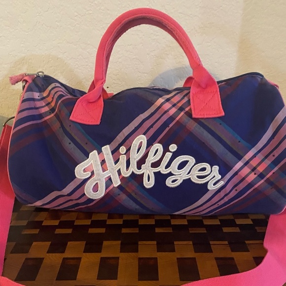 Vintage Tommy Hilfiger 13”x10”Plaid Academia Duffle Crossbody Bag Pink Blue - Picture 5 of 16